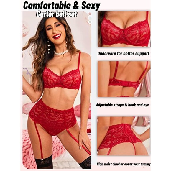 Women Red-2 Lingerie Set High Waisted Underwire Lingerie With Garter Belt Lace - Picture 4 of 6